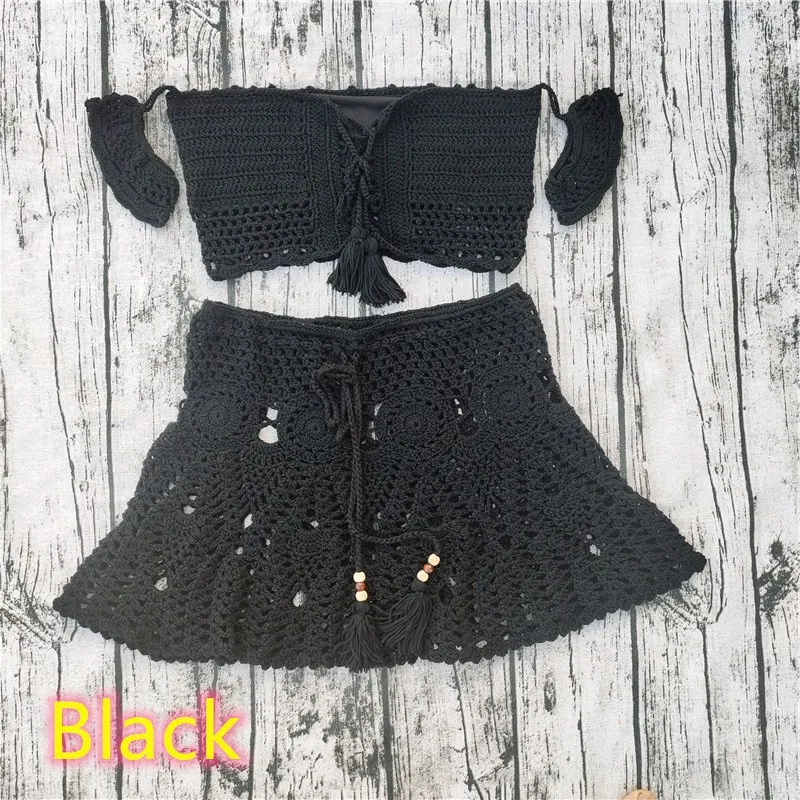 Hand-crocheted Bikini Top Mini Skirt - Black