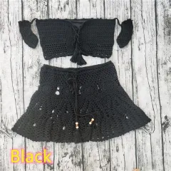 Hand-crocheted Bikini Top Mini Skirt - Black - View 1