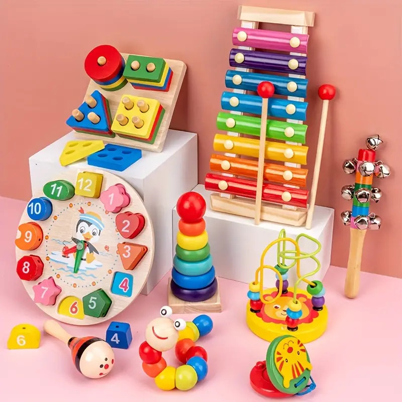 9 In 1 Wooden Toys Rattle Bell Drum Column Set Musical Instruments Sensory Music - Image 1