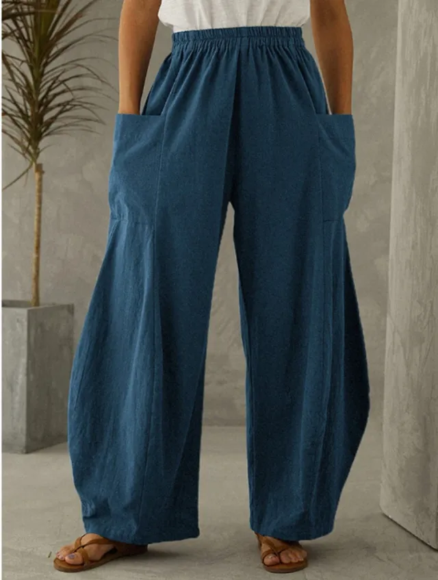 Solid Color Pocket Elastic Waist Casual Trousers Blue - Shop at LoveMi