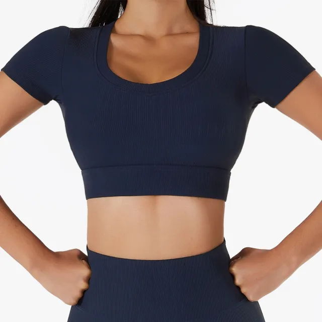 Yoga Clothes Short sleeved Umbilical Running Sports Top Women's Quick drying Nude Fitness Short sleeved T shirt Badge Blue - Shop at LoveMi