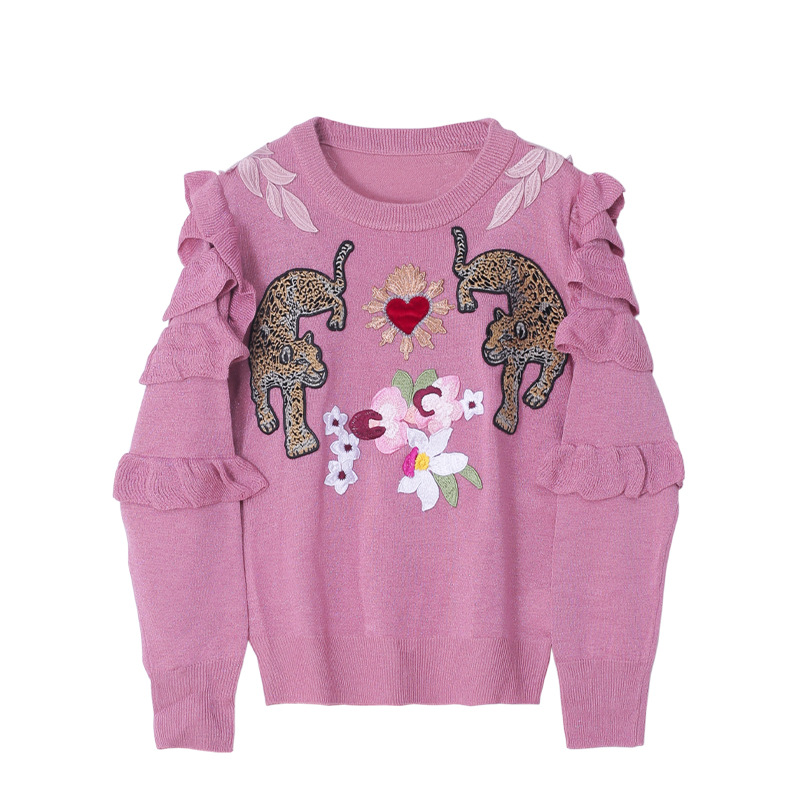 Embroidered Thin Pullover Sweater With Wood Ears