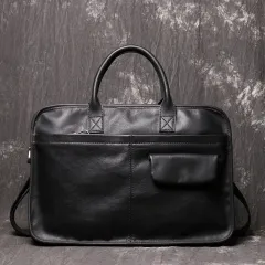 Men's Leather One Shoulder Crossbody Large Capacity Portable Briefcase - Black - View 1