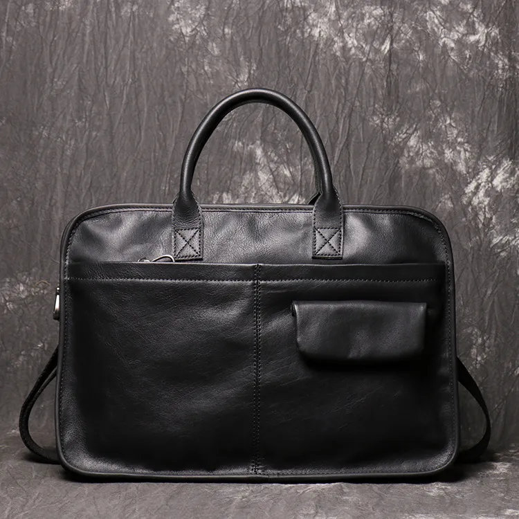 Men's Leather One Shoulder Crossbody Large Capacity Portable Briefcase - Black