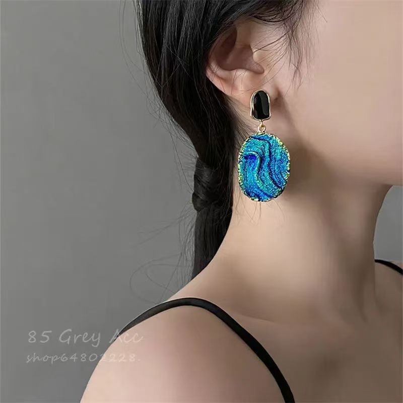 Blue Face-Slimming Dangle Earrings, European Minimal Bold Style