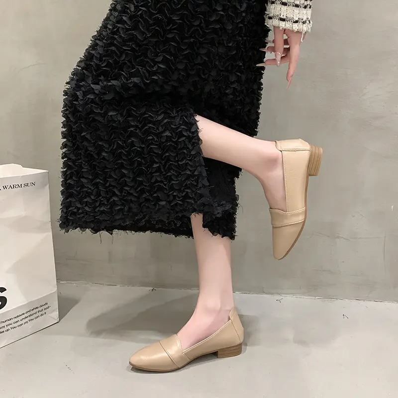 Women Pointed Toe Spliced Strap Low Block Heel Pumps, Elegant Slip On Office Commuter Dress Shoes