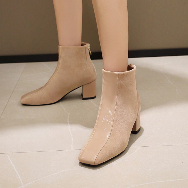 Fashion Ladies Square Toe Thick Heel Boots Beige - Shop at LoveMi
