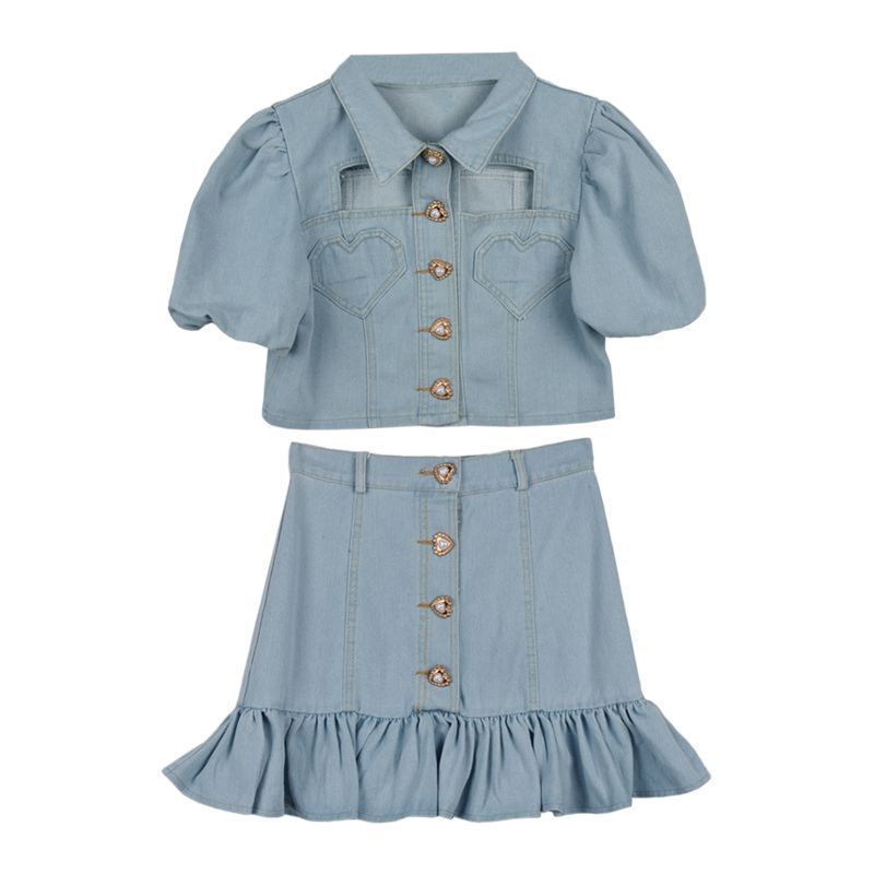 Women's Fashion Denim Top Half Skirt Two-piece Set