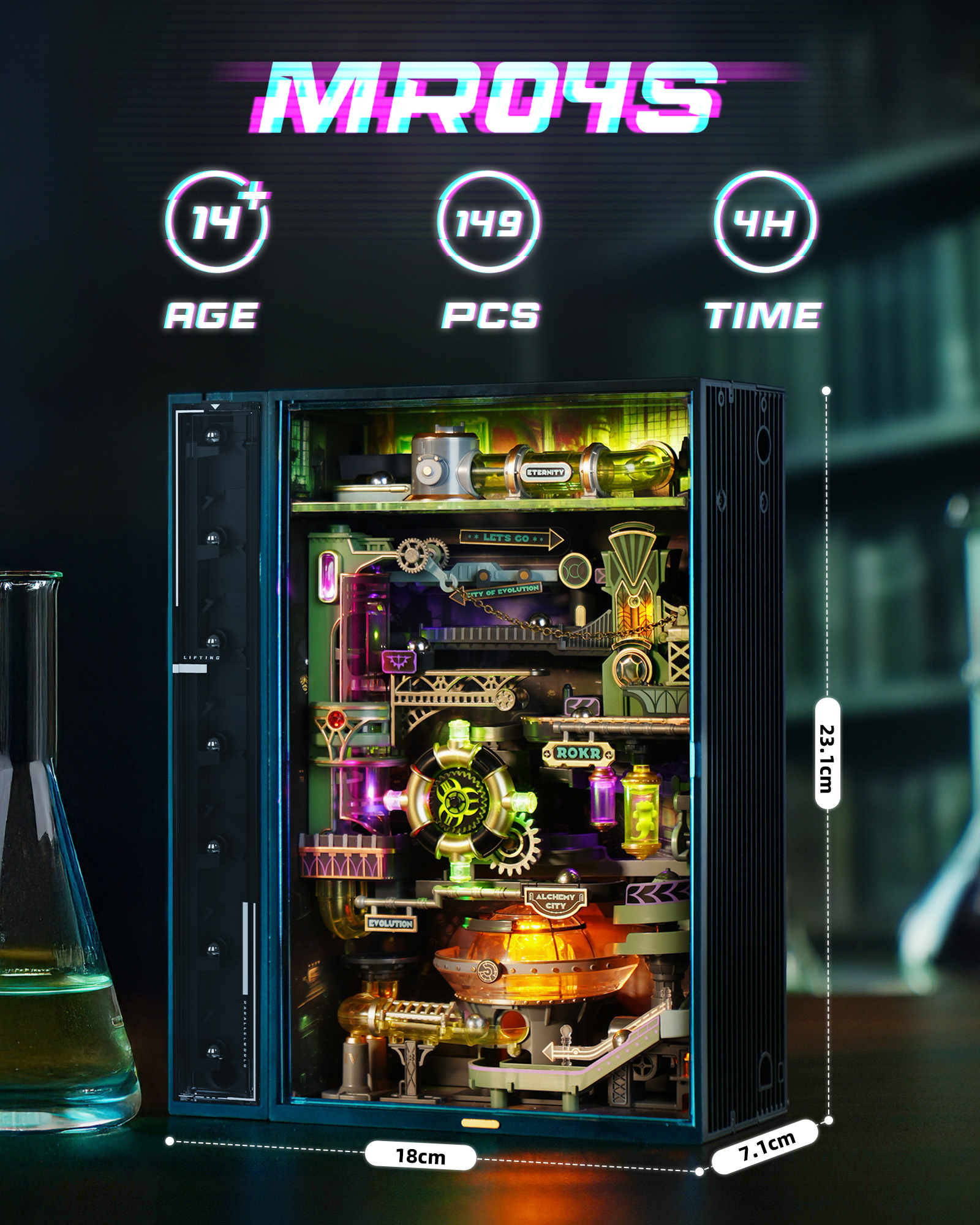 ROKR Parallel World Series - Alchemist's City Pinball Track Model MR04S - 3D Glowing Fantasy Track, Adult Cyberpunk Desktop Ornament, DIY Model Assembly Kit