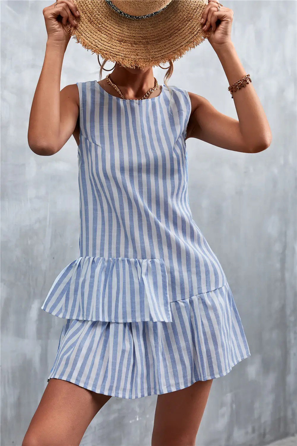 Classic Striped Irregular Cotton And Linen Vest Skirt