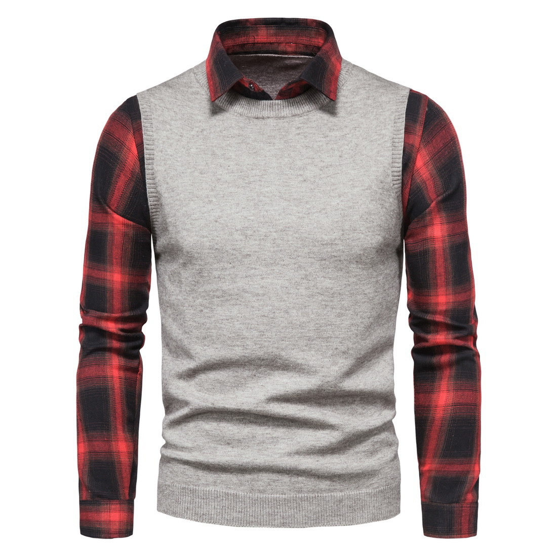 Title 3, Black And Red Plaid Shirt Lapel Fake Two Sweaters