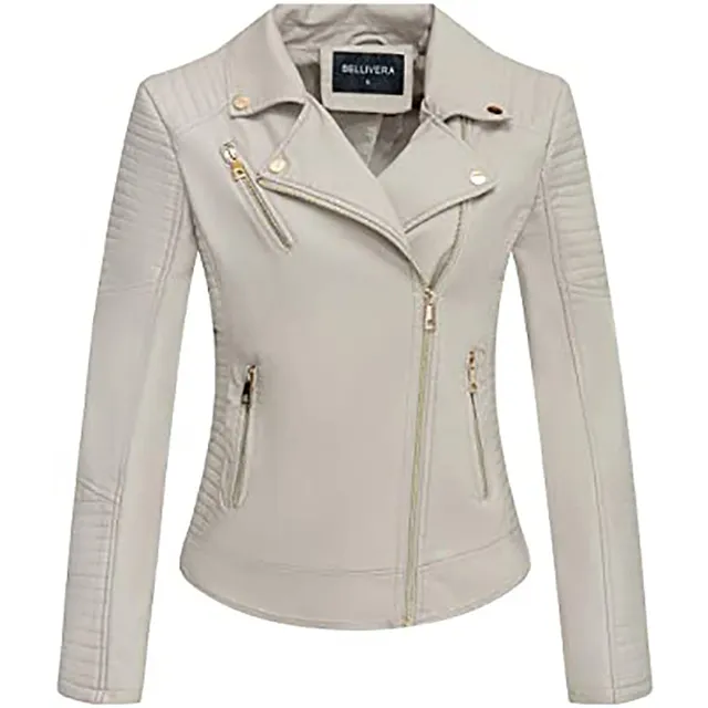 Giolshon Autumn Flowers Embroidery PU Leather Jacket Women - Beige