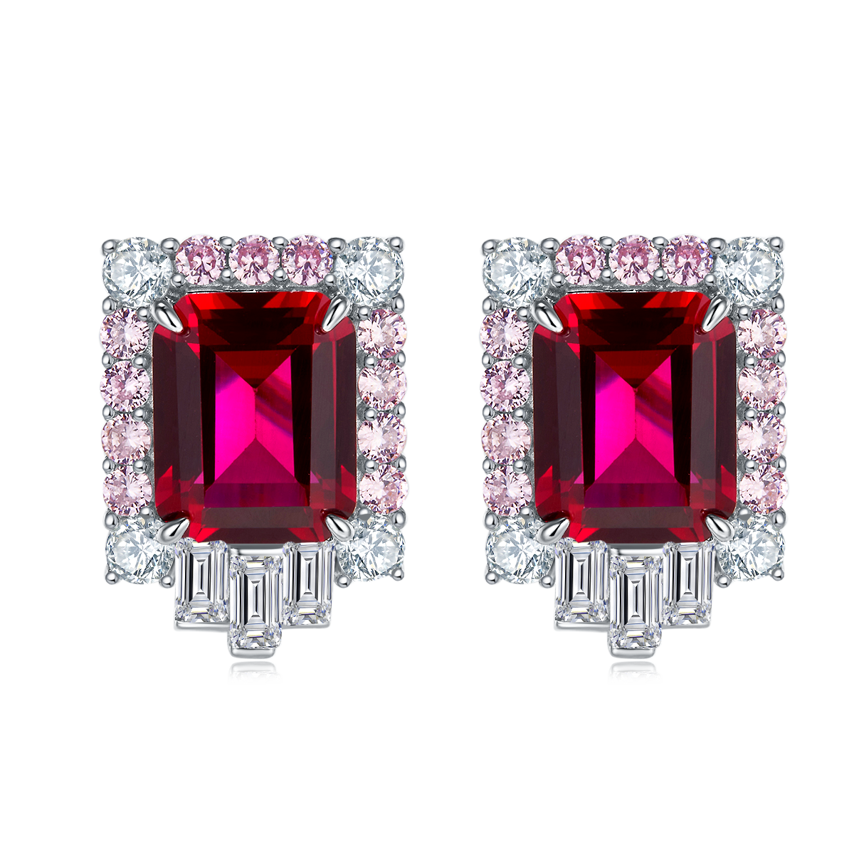 S925 Silver 6.5g 8ct Lab-Created Ruby Earrings, 10x8mm Emerald Cut, Pair