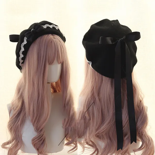 Japanese Beret Lolita Girl Heart Sweet Woolen Female Hand made Lace Bow Beret Black - Shop at LoveMi