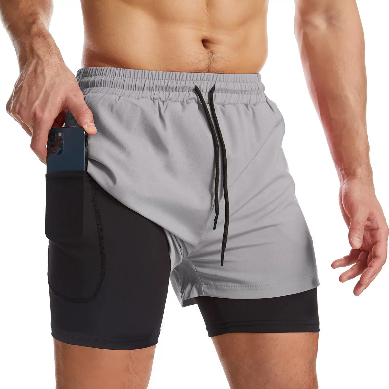Men Double Layer Quick Dry Running Shorts With Built-in Liner For Marathon Training