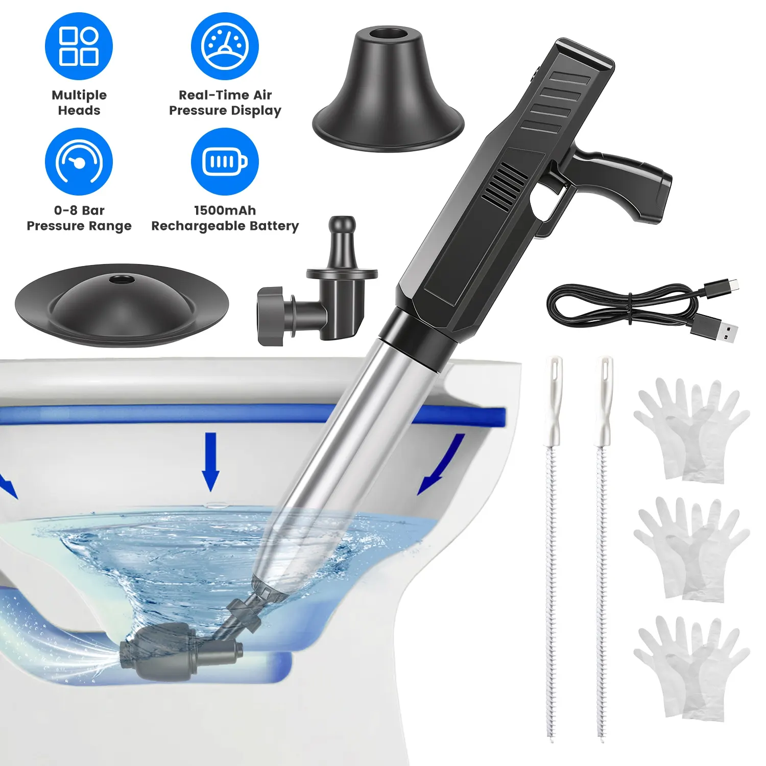 Electric Toilet Plunger With Air Pressure Gauge