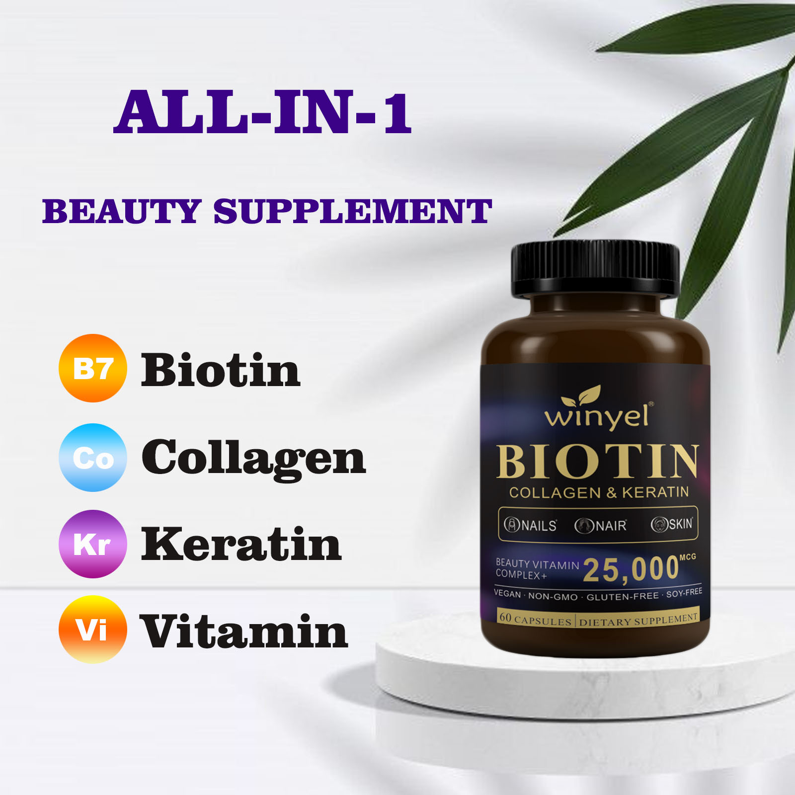 Biotin  Collagen  Hyaluronic Acid  Keratin - Support Normal Hair Growth Cycle - Skin & Nails - 25000mcg Vitamins B1, B2, B3, B6 & B7 - For Women & Men 60 Capsules