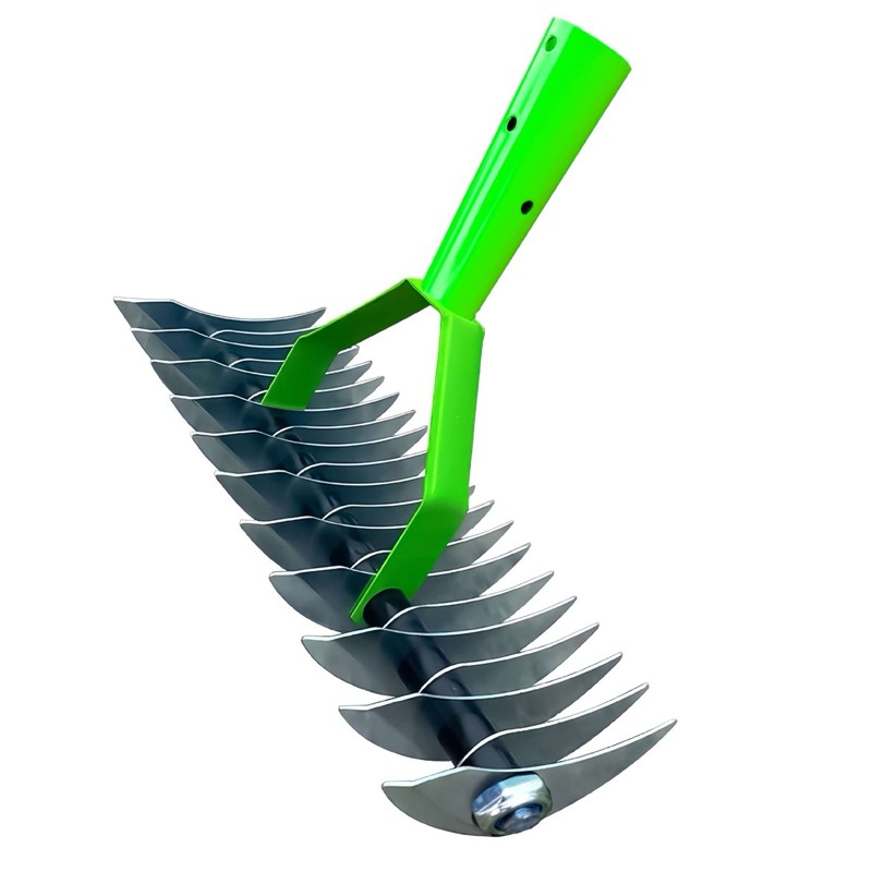 Gardener using dethatcher rake on lawn to remove dead grass and moss