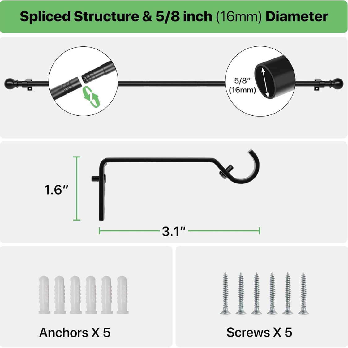 Curtain Rods For Windows 28 To 48 Inch, Black Curtain Rod Set With Brackets, Splicing Adjustable Metal Drapery Rod For Bedroom, Kitchen, Living Room, Matte Black — foto 5
