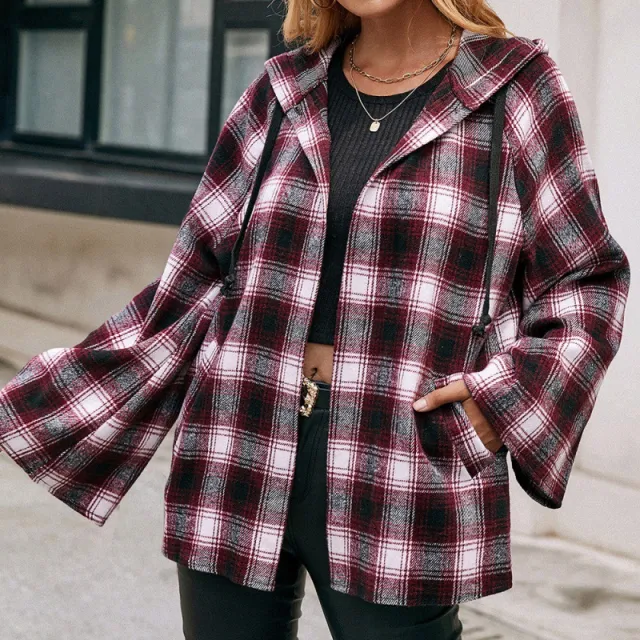 Casual Hooded Cardigan Check Shirt Loose Red - Shop at LoveMi