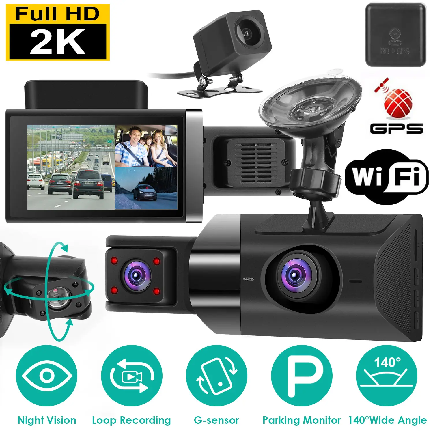 2K Car DVR 3 Channel Dash Cam