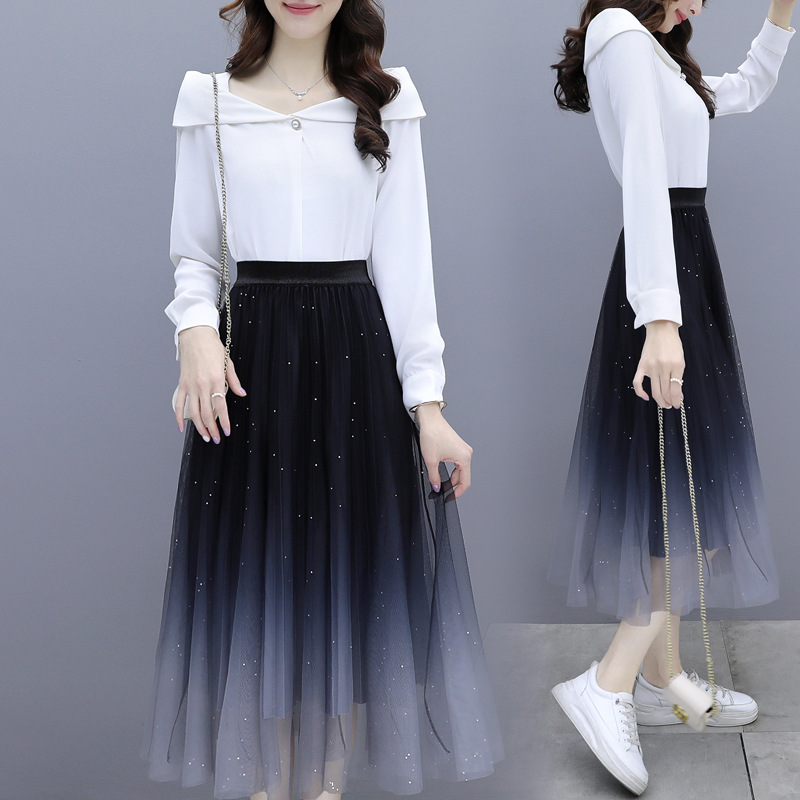 Simple Chiffon Top Starry Sky Skirt Mesh Skirt Two-piece Suit