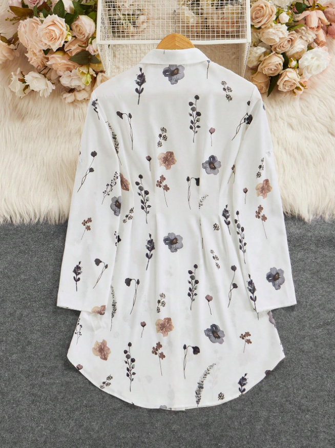 Women's Autumn Winter Fashionable Versatile Commuter Floral Print Shirt Dress