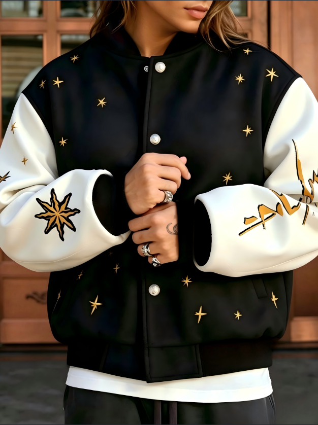 Color Block Star Embroidered Baseball Collar Button Down Varsity Jacket — image 1