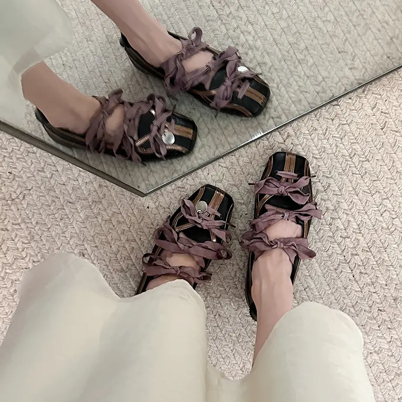 Women's French Minimalist Ballet Style Bowling Shoes, 2025 New Bow Lace-Up Mary Janes, Flat Sporty Pumps
