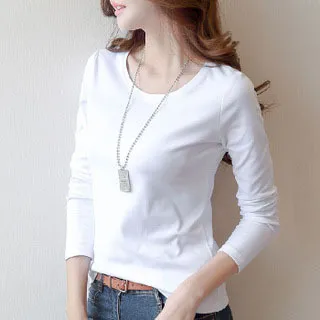 Round Neck Solid Color Long Sleeve Women's T Shirt White - Shop at LoveMi