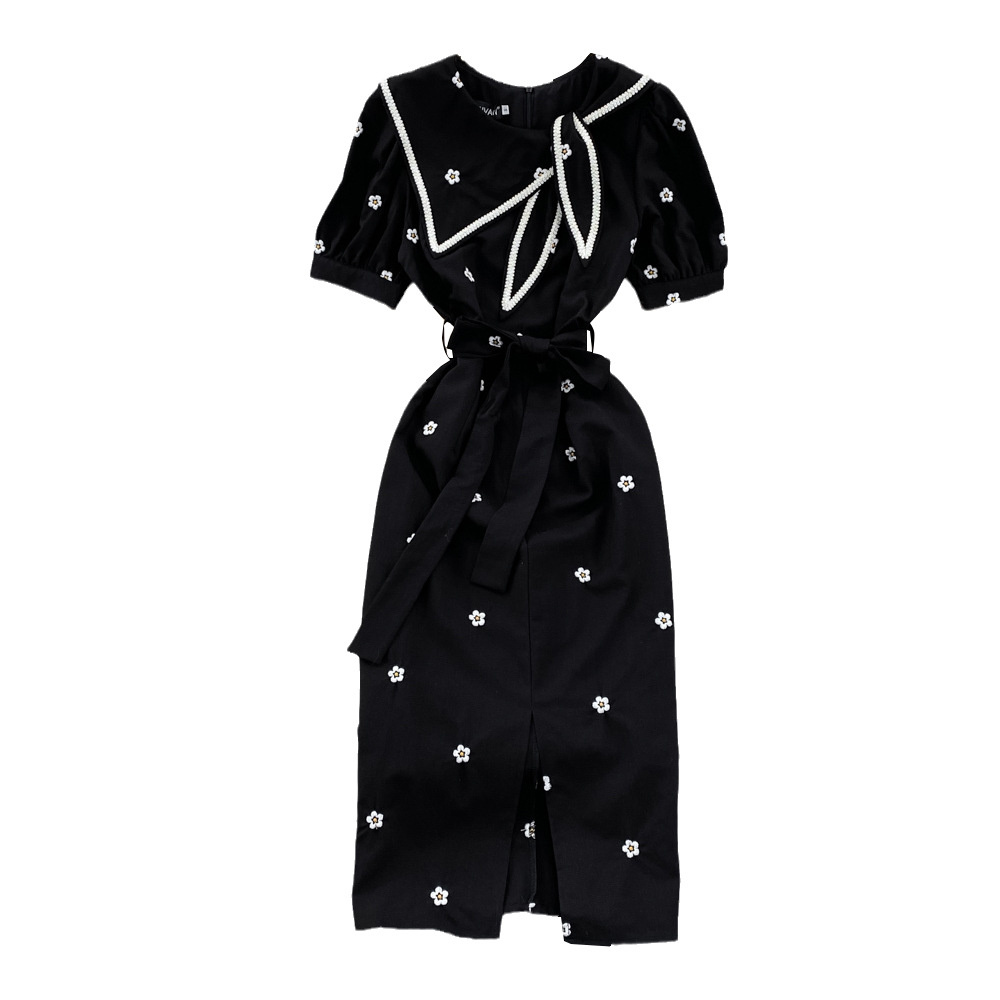 Retro Temperament Bow Tie Embroidered Waist A-line Dress