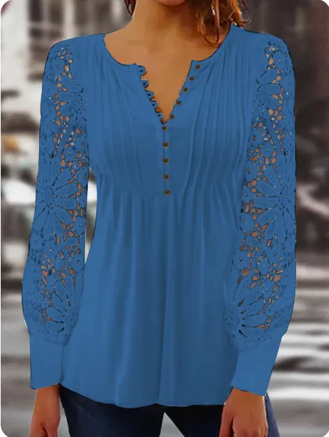 Spring Lace Long sleeved V neck Slim Short T shirt Top Peacock Blue - Shop at LoveMi