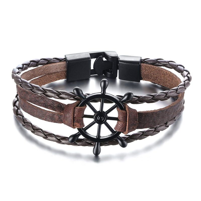 Title 6, Alloy Buckle Rudder Leather Bracelet Black