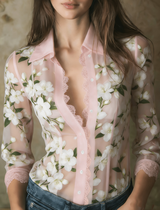 Lace V-neck Women's Long-sleeved Shirt