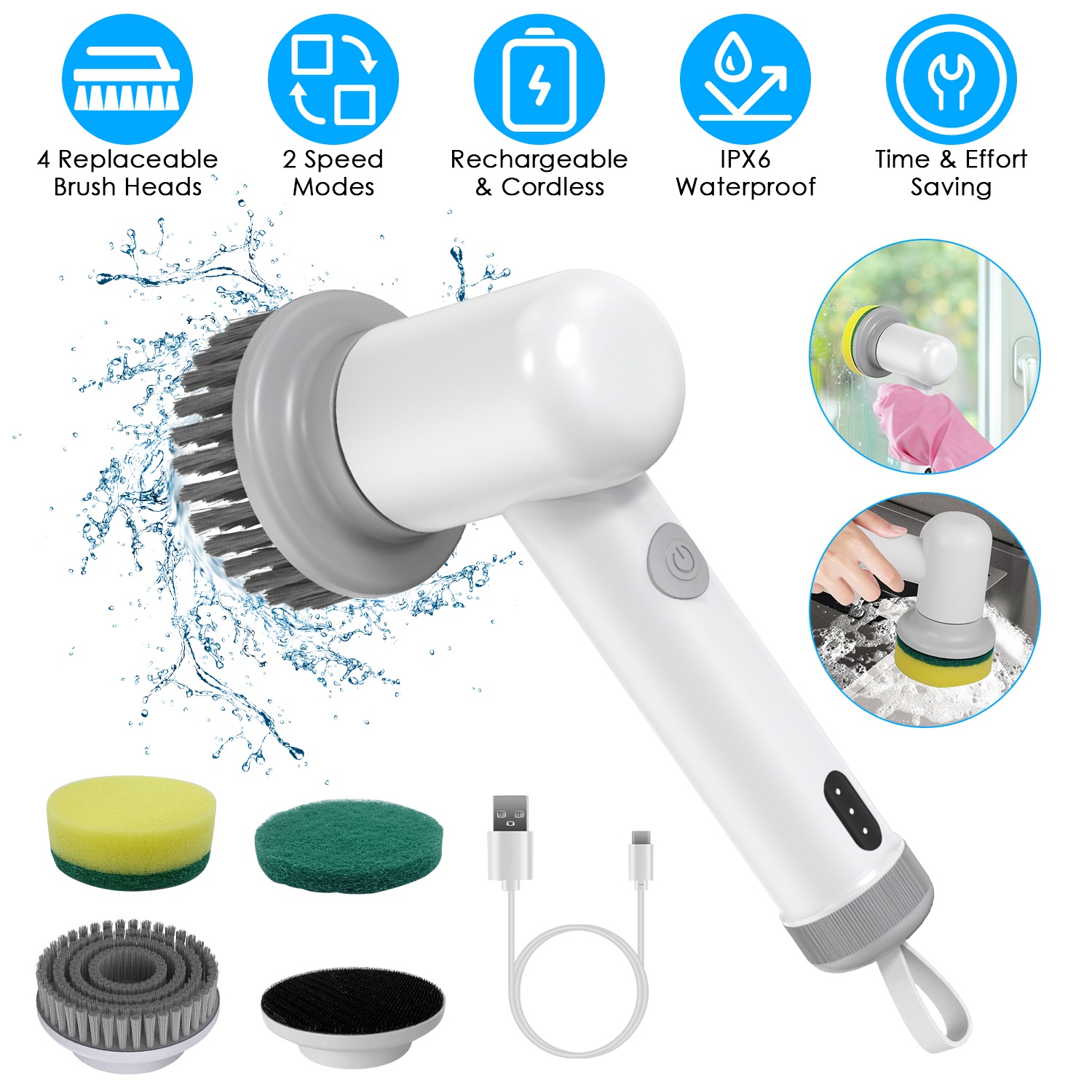 1Set Electric Handheld Spin Scrubber Cordless Cleaning Brush With 2 Rotating Speeds 3 Cleaning Brushes Rechargeable Shower Scrubber For Kitchen Dish Bathtub Sink Tile
