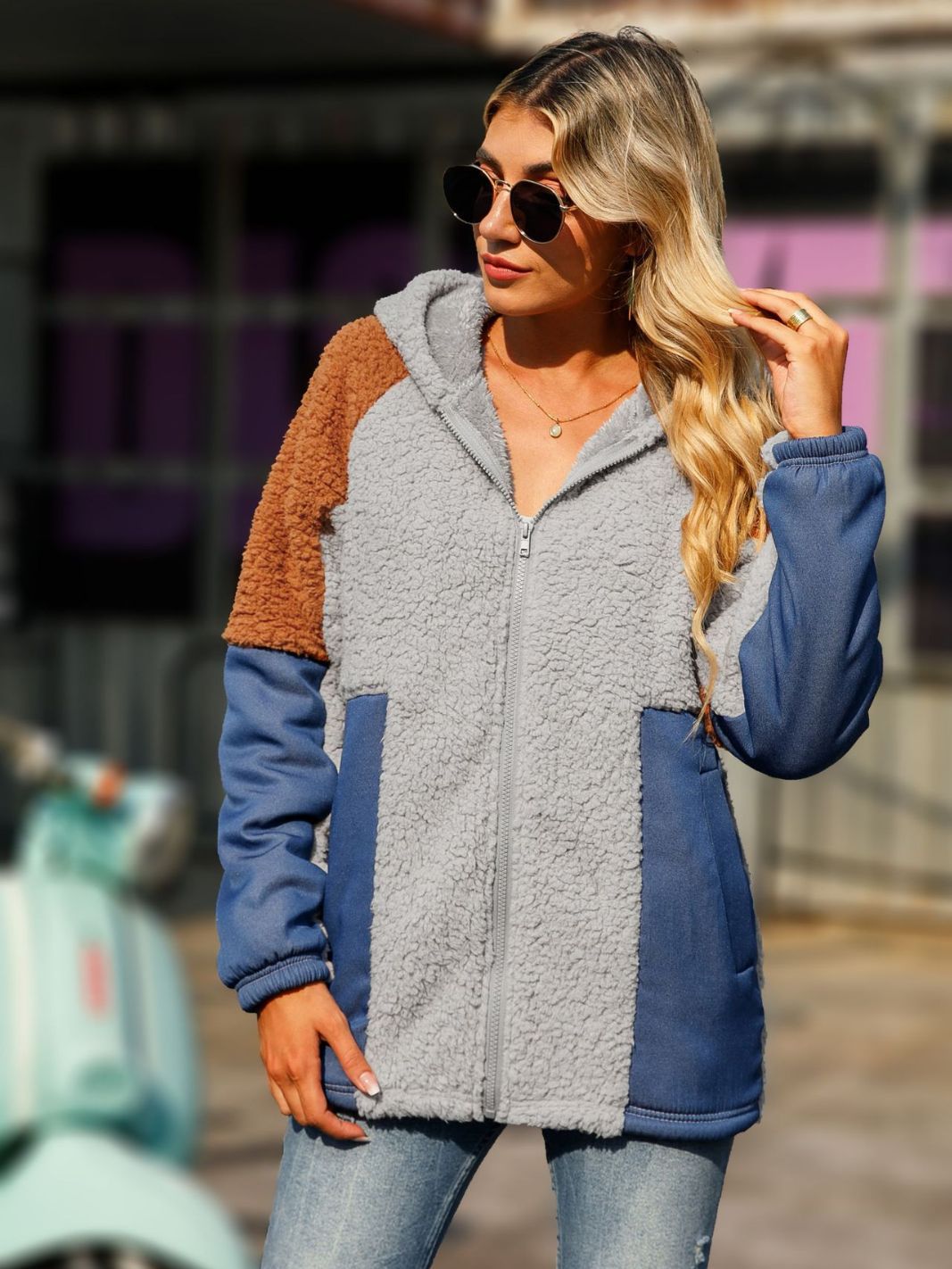 Long Bubble Velvet Stitching Denim Jacket