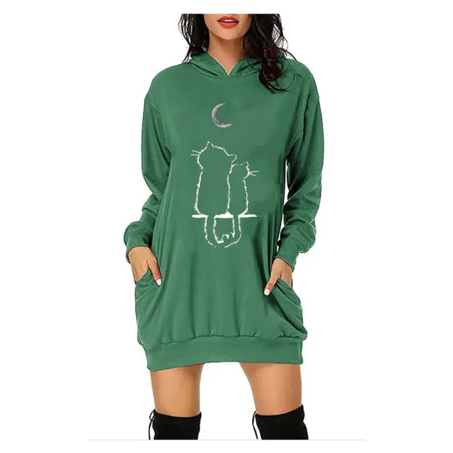 Spring And Autumn Sweater Printing Hooded Pocket Loose Jacket Women Green - Shop at LoveMi
