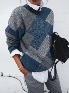 Ladies Fashion Brushed Geometric Print Loose Long Sleeve Hoodie - Box-Xl - View 1