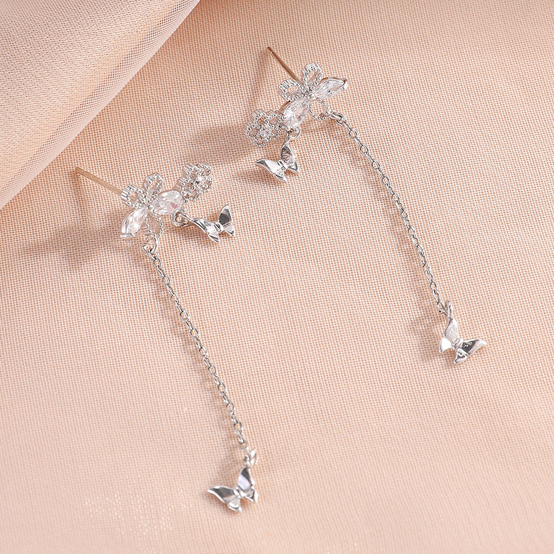 Butterfly Flower Copper Inlaid Zirconium Long Earrings