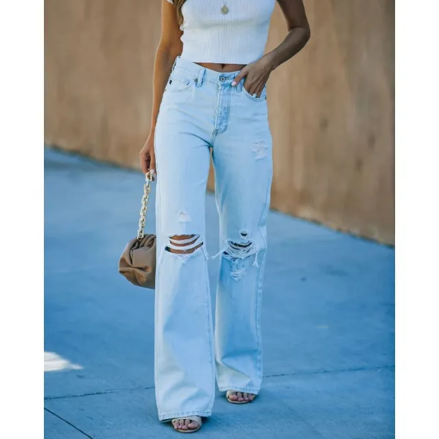 Ladies Denim Wide leg Pants Washed Ripped Casual Foreign Trade Denim Trousers Blue - Shop at LoveMi