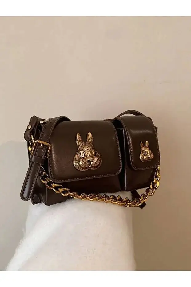 Women Brown Baguette Bag With Squirrel Accessory Design Stylish Shoulder Handbag