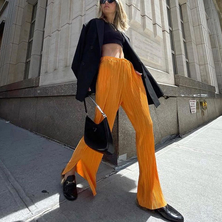 Title 3, Orange Yellow Loose Drape Trousers Slit High Wa...