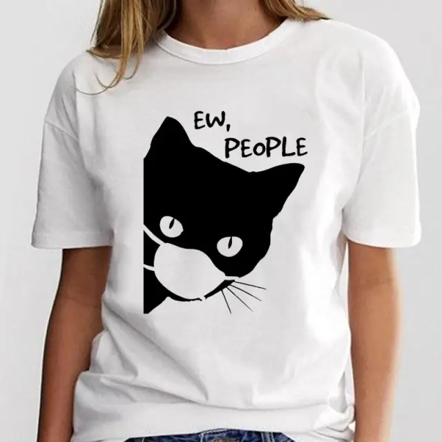 New Simple Cat Animal Cartoon Print Loose Round Neck Ladies White T Shirt Short Sleeve 12 Style - Shop at LoveMi