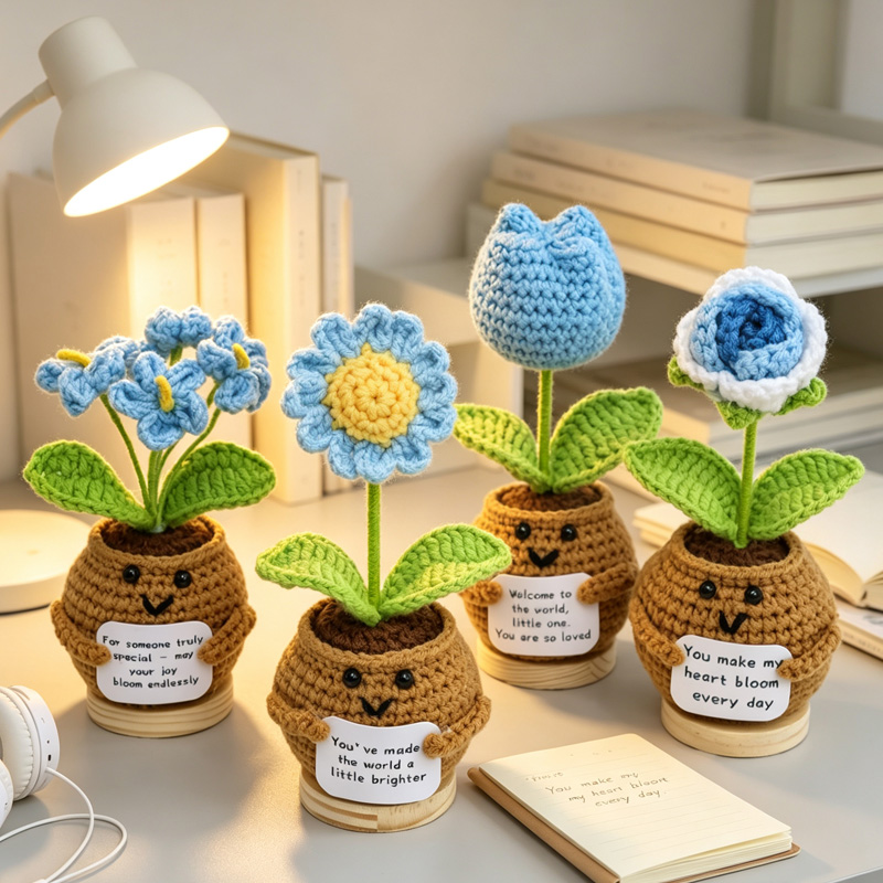 Handmade Crochet Potted Flower, Assorted Cute Pot Flowers With Warm Message Cards, Soft Yarn Everlasting Crochet Floral Pot Ornament, Indoor Home Tabletop Decorative Ornament