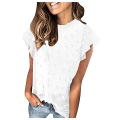 Chiffon Shirt Summer Casual Round Neck Short Sleeve Top - White - View 1