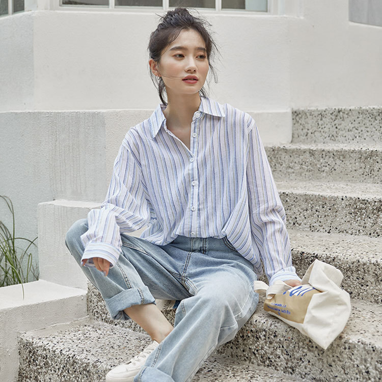 Women'S Long-Sleeved Striped Cotton Shirt