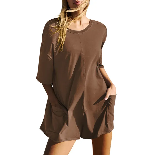 Casual Loose Short sleeved Jumpsuit With Pockets New Crew Neck Shorts Overall Pants Summer Womens Clothing Coffee - Shop at LoveMi