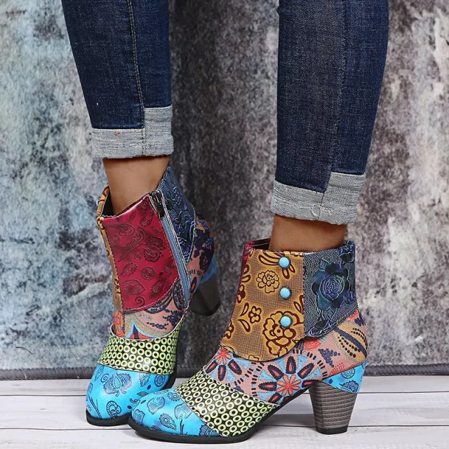 Print Ankle Boots Chunky Mid Heel Boots Women Side Zipper Shoes Yellow - Shop at LoveMi