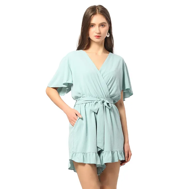 Satin VNeck Jumpsuit Shorts Nipped Waist Ruffle French Dress Green - Shop at LoveMi