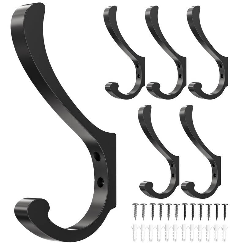 Set Of 6 Heavy Duty Coat Hooks, Extra Large Black Coat Hooks & Coat Hook For Wall, Durable Coat Hooks For Wall, Versatile Coat Pegs & Premium Metal Hooks For Jackets, Bags, Towels, Keys, Robes, Home &
